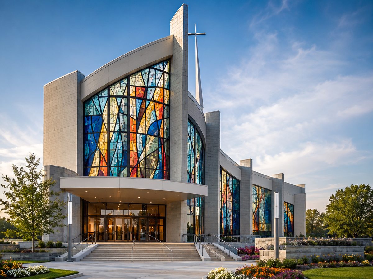 Concept rendering of a stained glass church facade — style direction, not a completed installation