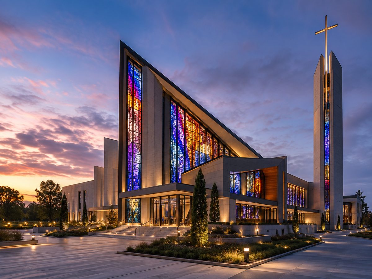 Concept rendering of a stained glass church facade at dusk — style direction, not a completed installation